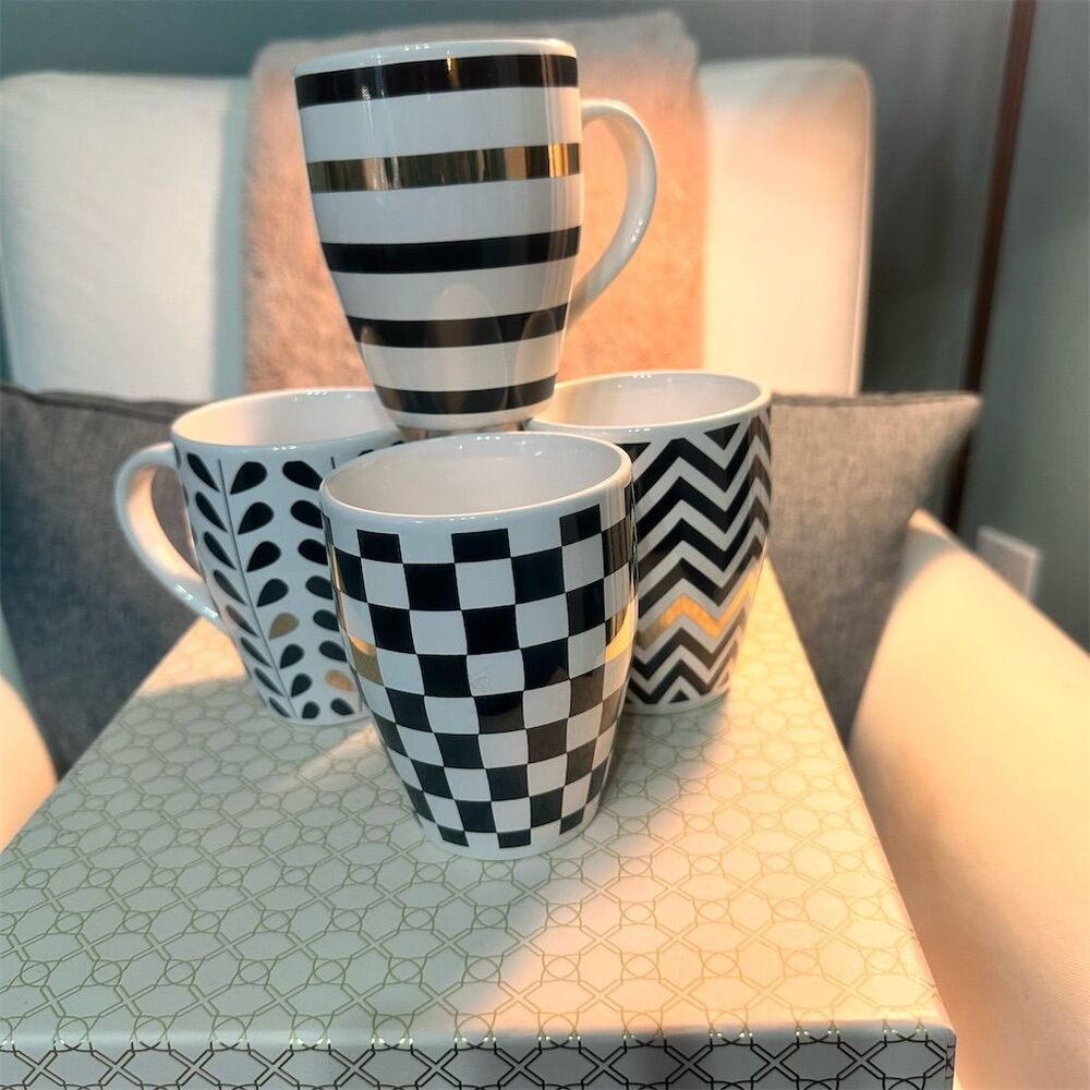Macy's Set of 4 Ceramic Coffee Mugs Geometric Black White Gold Design
